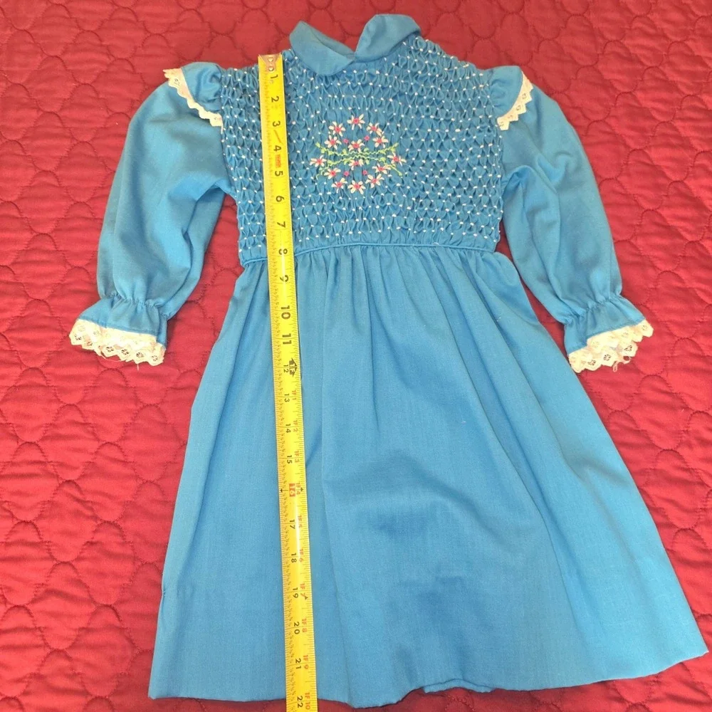VINTAGE Polly Flinders Hand Smocked Bright Blue Dress Size‎ 5 Style#44077
